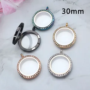 30mm stainless steel magnetic glass locket pendants with rhinestone borders in five colors