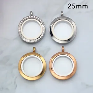 25mm stainless steel floating glass locket pendants in four metallic finishes, silver and gold
