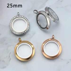 Detail of 25mm round stainless steel glass magnetic lockets in four metallic finishes