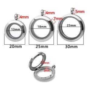 Stainless steel magnetic glass floating locket pendants in 20mm, 25mm, and 30mm sizes