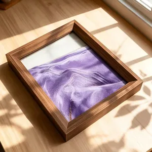 Artistic square wood frame 3D moving sand painting with purple flowing landscape