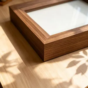 Macro shot of high-quality wood grain frame corner detail under natural leaf shadows