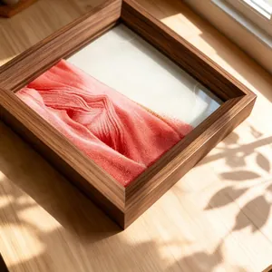 Detailed macro view of square 3D moving sand art with wooden frame in natural sunlight