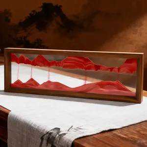 Peinture de paysage artistique en sable mouvant 3D dans un cadre rectangulaire en bois foncé