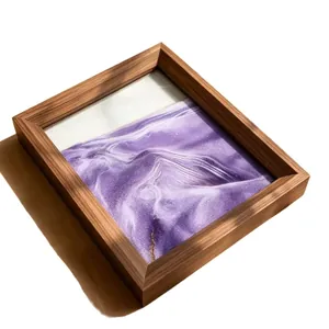 Square 3D moving sand art painting with purple glitter and natural wood grain frame decor