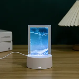 Lámpara de noche de arte de arena movediza 3D azul con base LED para escritorio