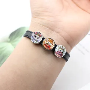 Elegant black leather wrap bracelet featuring three Chinese nine-tailed fox deity charms