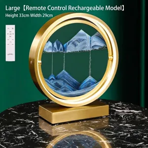 Detalle de lámpara de pintura de arena movediza 3D con marco dorado y arena azul