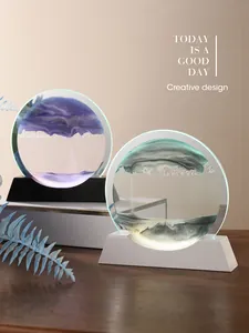 Macro view of 3D dynamic quicksand art desk lamp with soothing purple and green sands