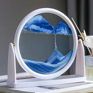 Decoración de arte de arena movediza 3D en marco blanco redondo con paisaje azul