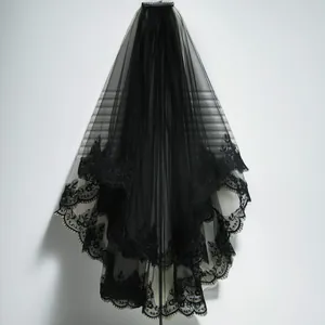 Gothic Schwarz Wimpernspitze Brautschleier Halloween Cosplay Doppellagig Netz Kopfschmuck Mit Haarkamm Clip Hochzeit Party Zubehör