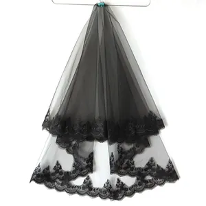 Zweilagiger schwarzer Brautschleier mit Wimpernspitze für Halloween-Gothic-Stil