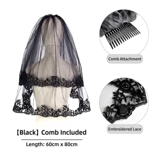 Gothic black double layer rose lace veil with plastic comb for Halloween ghost bride