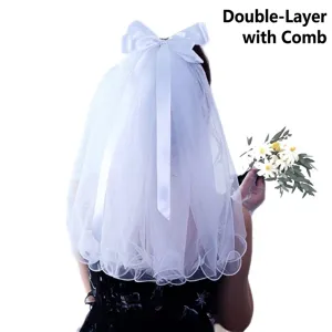Doux Voile de Mariée Superposé Avec Nœud en Satin et Peigne Élégant Voile Court en Tulle pour Mariée Accessoires Cheveux Fête