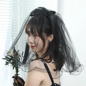 Voile de mariée noir élégant à double couche avec nœud pour mariage ou photographie