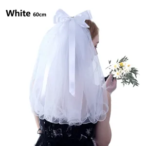 Voile de mariée double couche blanc avec grand nœud et peigne, longueur 60 cm