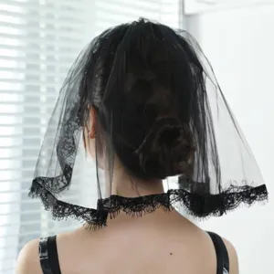 Lolita Eyelash Lace Short Veil With Hair Comb Retro Black White Mesh Bridal Wedding Veil For Women Girls Photoshoot Cosplay