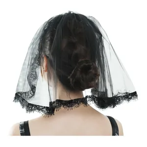 Elegant black Lolita lace veil with eyelash trim and hair comb for princess cosplay photoshoots