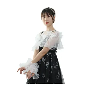 Elegant bridal white ruffled mesh shawl and matching oversized lace sleeves set