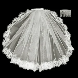 Elegante velo de novia corto blanco con encaje de pestañas y juego de peine para pelo