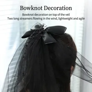 Elegant short black Halloween cosplay veil with a satin bow and delicate beadings