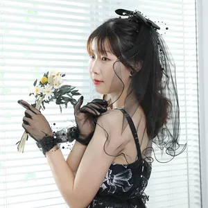 Elegant black short mesh veil with bow and bead details for Halloween cosplay styling