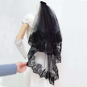 Doppelschichtige Spitze Bestickt Brautschleier Mit Haarkamm Elegant Mesh Hochzeit Haarschmuck Für Halloween Kostüm Fotografie Damen