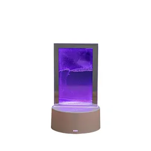 Lámpara de mesita de noche 3D de cristal con arena movediza y luz LED violeta decor