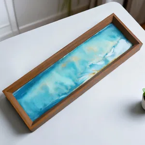 Marco largo de madera con arte de arena 3D en azul océano y oro
