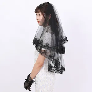 Detailed view of short double-layer black lace bridal veil for Halloween parties