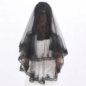 Detailed back view of a double-layered black lace bridal veil featuring an insert comb