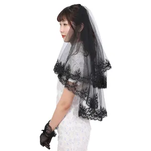 Elegant black two-layer short wedding veil with lace trim and matching lace gloves