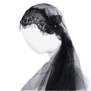 Voile de Mariée Noir Gothique Nœud Bord En Dentelle Voile De Visage En Maille Avec Strass Élégant Mystérieux Église Prière Halloween Fête Coiffe Femme