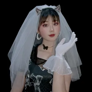 Velo de novia corto blanco de doble capa con diadema de orejas de gato para fotos