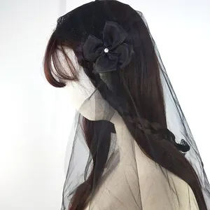 Voile de mariée noir gothique avec nœud en dentelle pour fête d'Halloween
