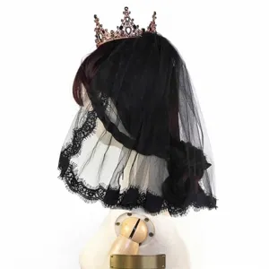 Velo Corto de Encaje Negro Gótico Vintage Con Corona Retro Boda Novia Fiesta Halloween Velo Facial Encaje Pestañas Tocado de Malla