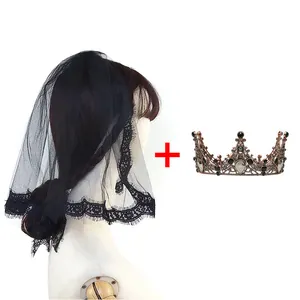 Velo de novia negro gótico y conjunto de corona vintage para Halloween o bodas temáticas