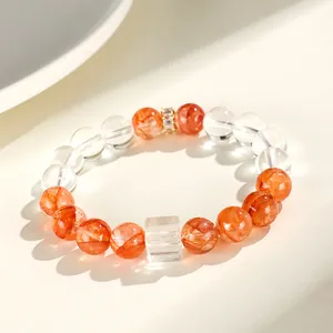 Elegantes Armband aus natürlichem rotem Phantomquarz mit klarem Bergkristall-Würfel