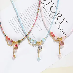 Élégant collier en perles de tourmaline arc-en-ciel avec un pendentif goutte pour femme