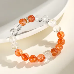 Naturrote Hämatoid-Quarz-Armband mit klaren Kristallperlen und quadratischem Akzent