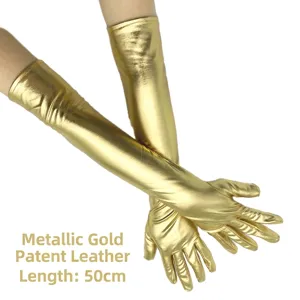 Hochwertige Detailansicht eleganter 50cm langer goldener Lacklederhandschuhe für Oper