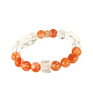 Armband aus natürlichem rotem Gummi-Blütenquarz und weißem Kristall mit Anhänger