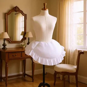 Elegant white duck butt bustle petticoat with ruffle trim displayed on a mannequin