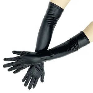 Eleganti guanti lunghi in pelle verniciata nera per opera, cosplay e spettacoli teatrali