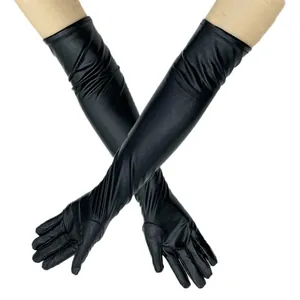 Eleganti guanti lunghi in pelle verniciata nera lucida per opera, cosplay e spettacoli