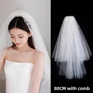 Splendido velo da sposa bianco da 80 cm in tulle a due strati con perle e pettine