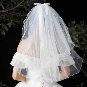 Short Bridal Veil Mesh Bow White Wedding Veil With Artificial Pearl Decor For Bride Photography Marriage Accessories Women
