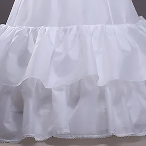 Close-up of white bridal petticoat showing tiered ruffle design and lace hem details.