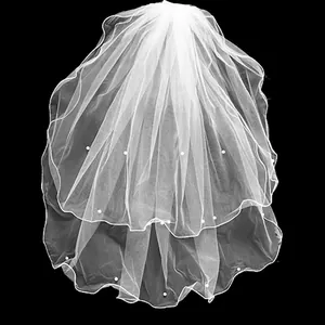 Elegant double layer short bridal wedding veil with faux pearls on black background
