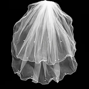 Short Bridal Veil White Double Layer Tulle Wedding Veil With Metal Comb Curly Edge Artificial Pearl Beaded Elegant Headpiece For Bride